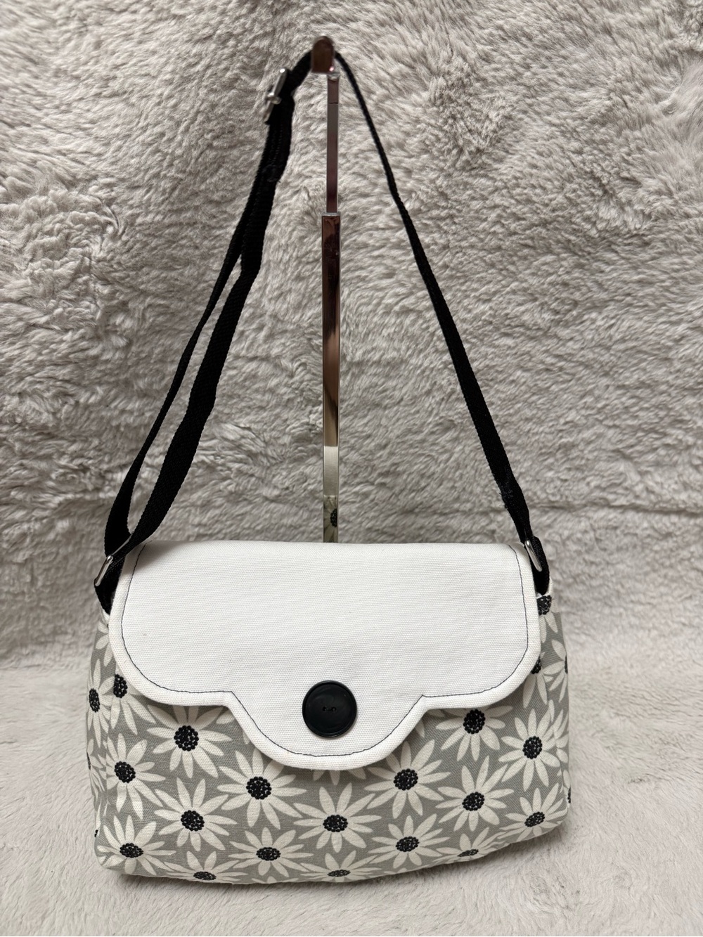 White Floral Canvas Crossbody Bag with Black Strap